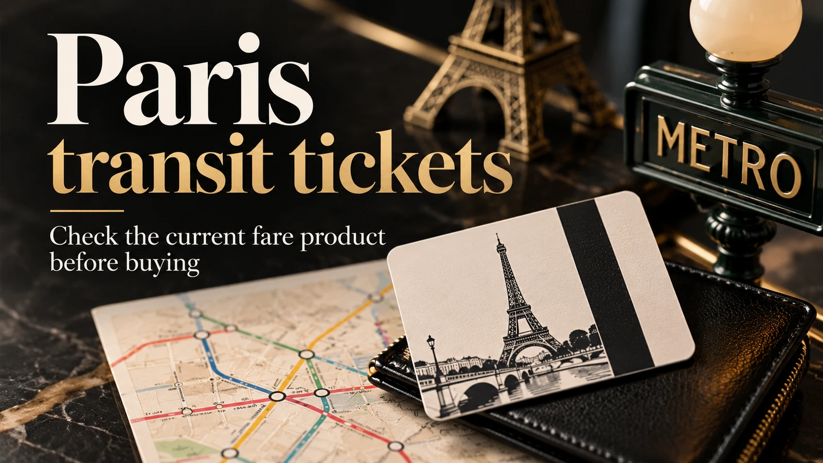 Editorial cover with the headline «Paris transit tickets» and travel objects, without people