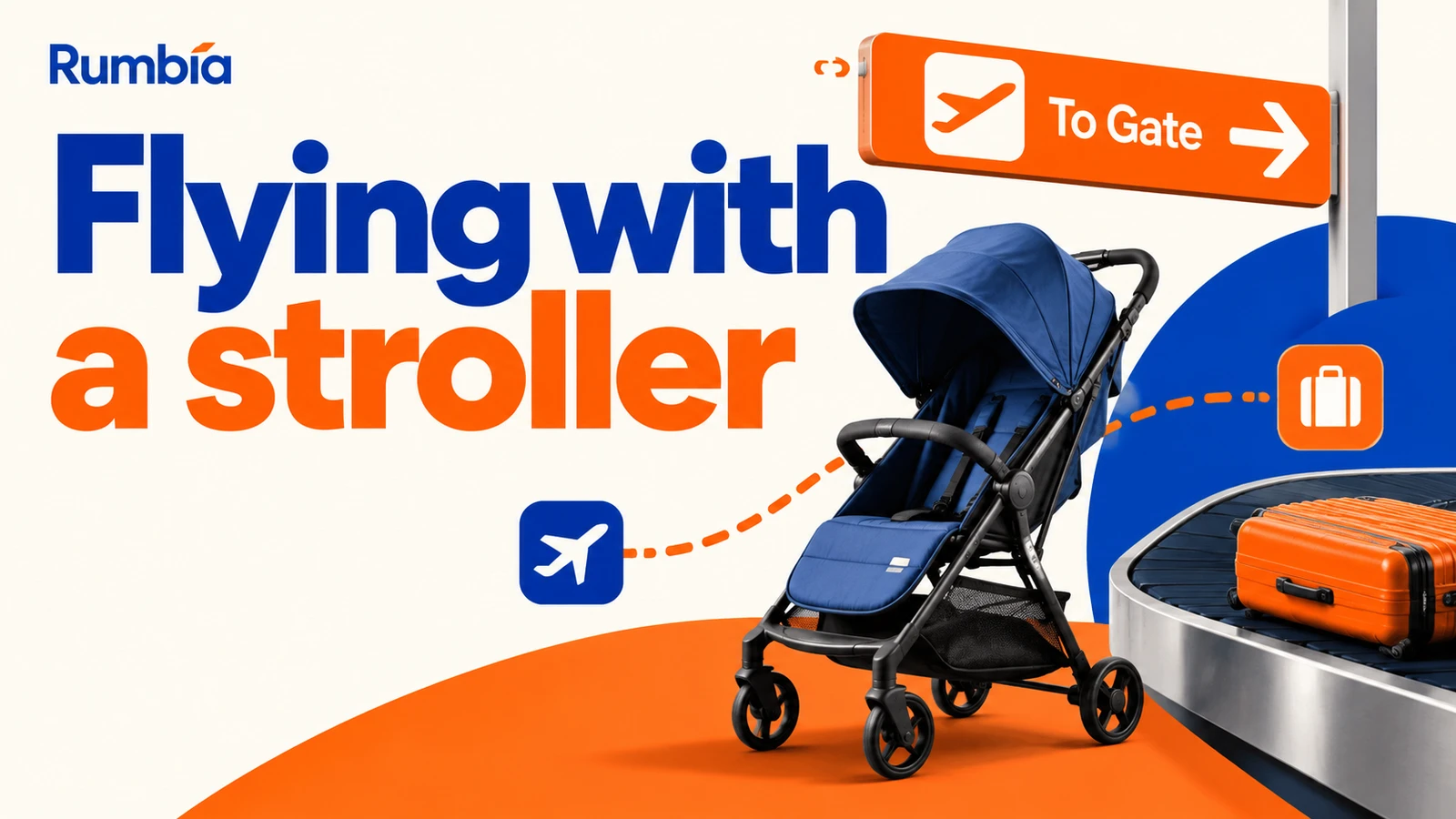 Editorial cover with the headline «Flying with a stroller» and travel objects, without people