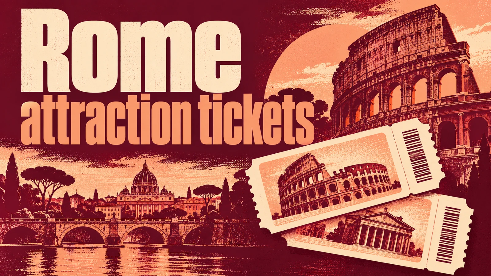 Editorial cover with the headline «Rome attraction tickets» and travel objects, without people
