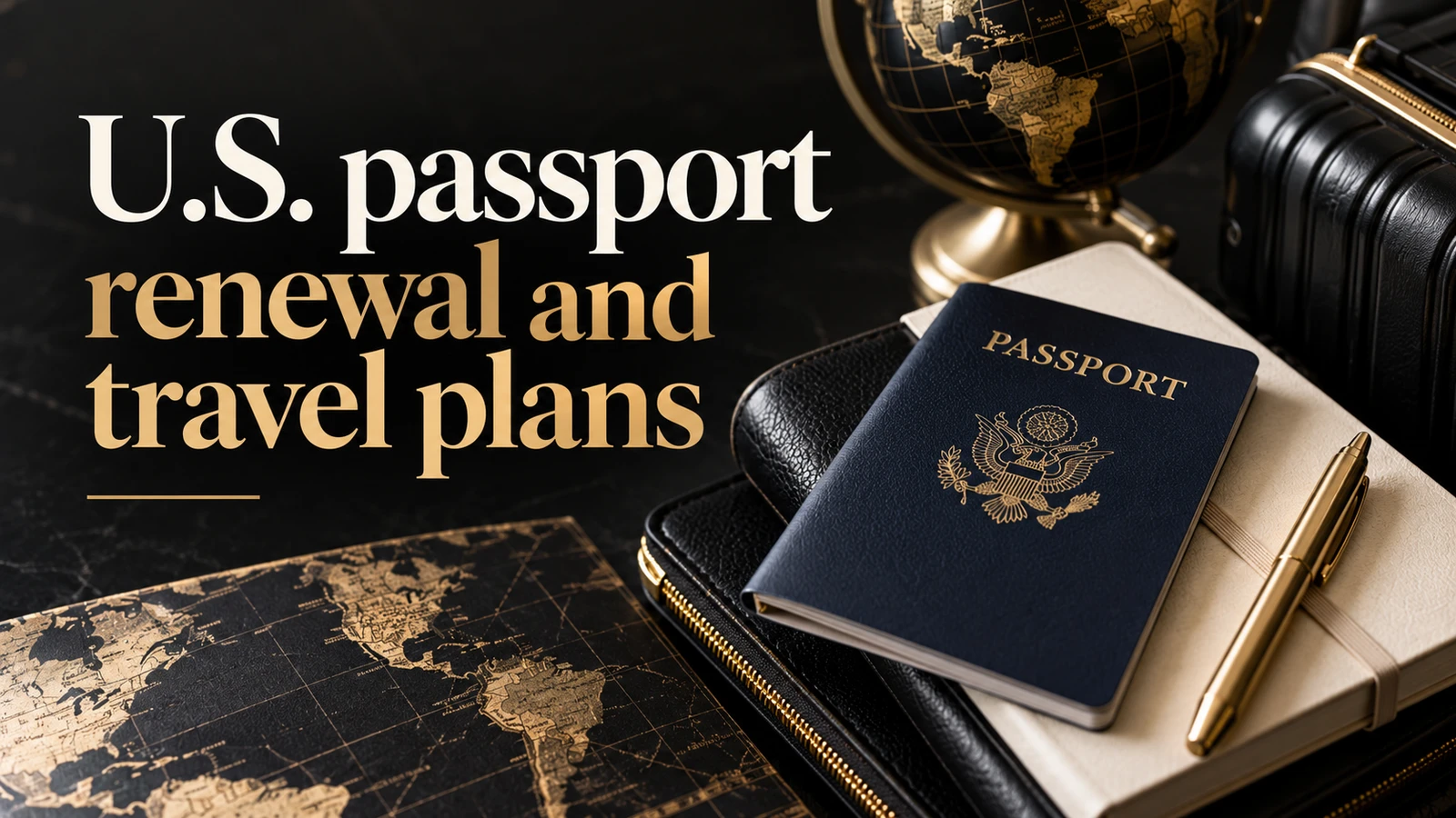 Editorial cover with the headline «U.S. passport renewal and travel plans» and travel objects, without people