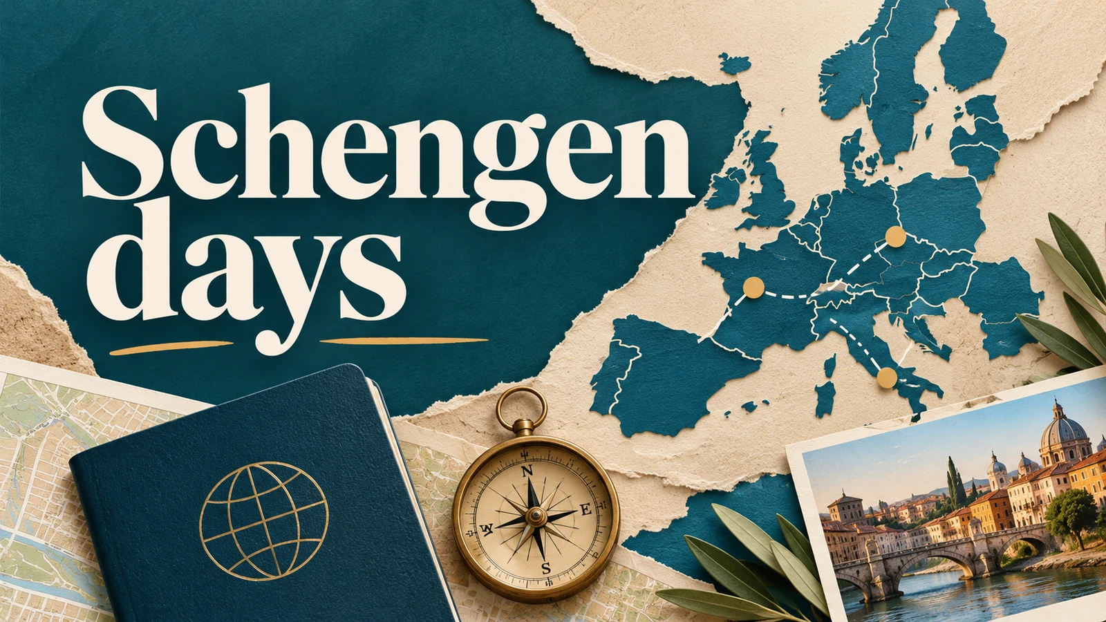 Editorial cover with the headline «Schengen days» and travel objects, without people