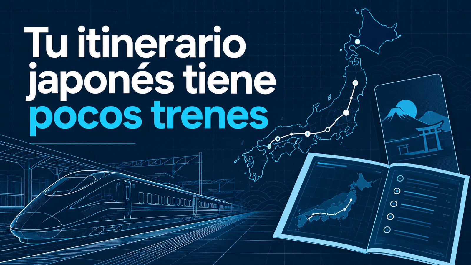 Portada editorial con el texto «Tu itinerario japonés tiene pocos trenes» y elementos del viaje, sin personas