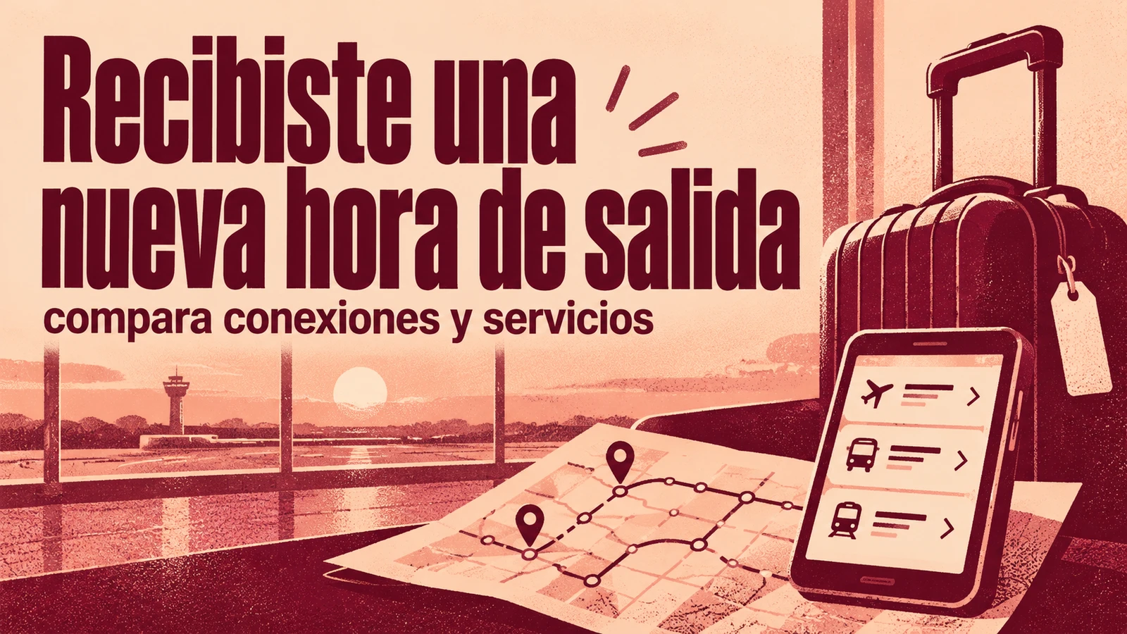 Portada editorial con el texto «Recibiste una nueva hora de salida» y elementos del viaje, sin personas