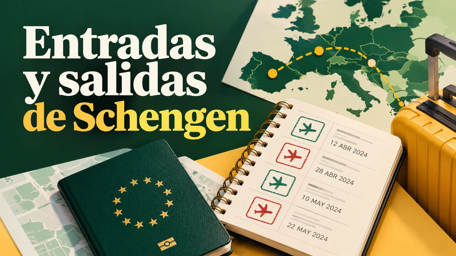 Portada editorial con el texto «Entradas y salidas de Schengen» y elementos del viaje, sin personas