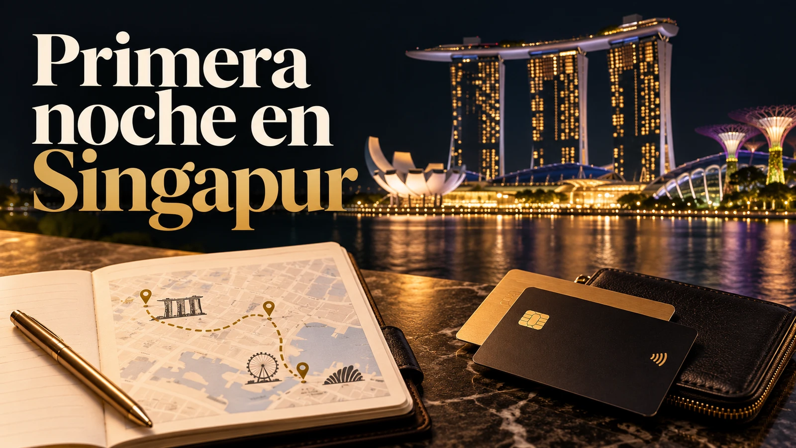 Portada editorial con el texto «Primera noche en Singapur» y elementos del viaje, sin personas