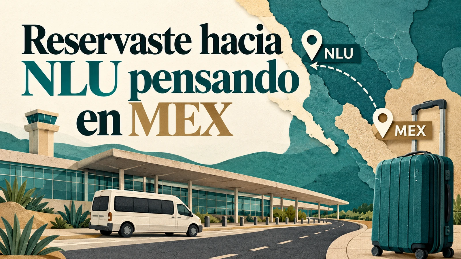 Portada editorial con el texto «Reservaste hacia NLU pensando en MEX» y elementos del viaje, sin personas