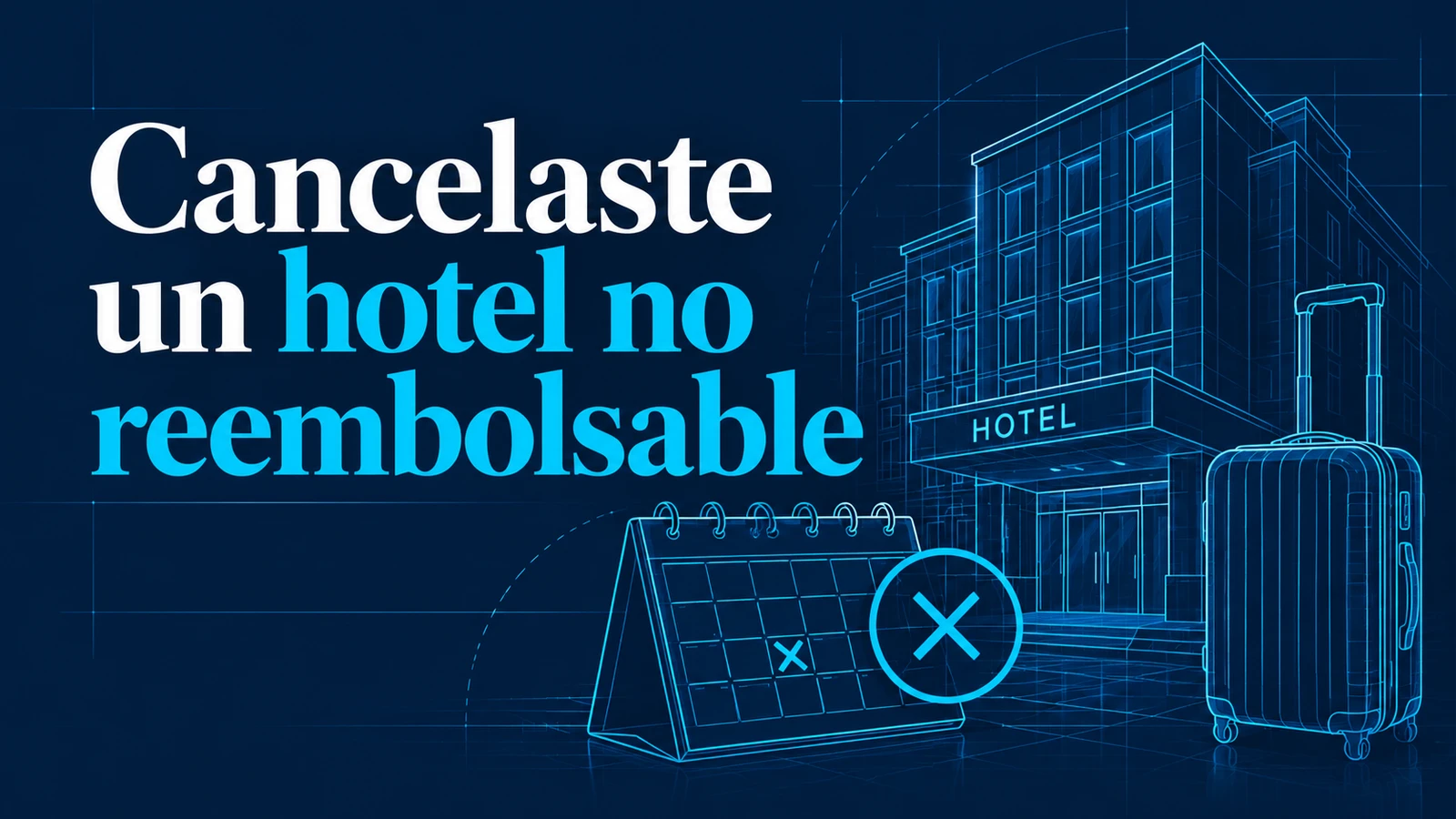 Portada editorial con el texto «Cancelaste un hotel no reembolsable» y elementos del viaje, sin personas