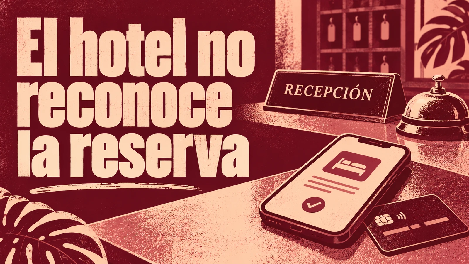 Portada editorial con el texto «El hotel no reconoce la reserva» y elementos del viaje, sin personas