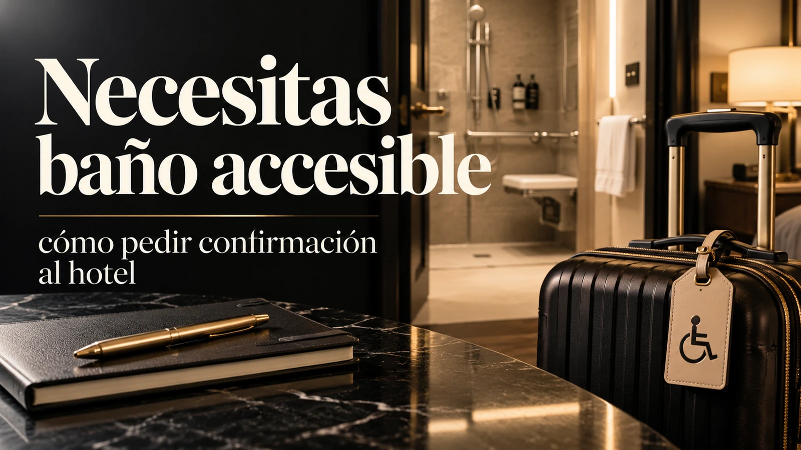 Portada editorial con el texto «Necesitas baño accesible» y elementos del viaje, sin personas