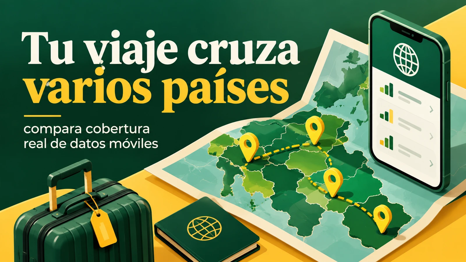 Portada editorial con el texto «Tu viaje cruza varios países» y elementos del viaje, sin personas