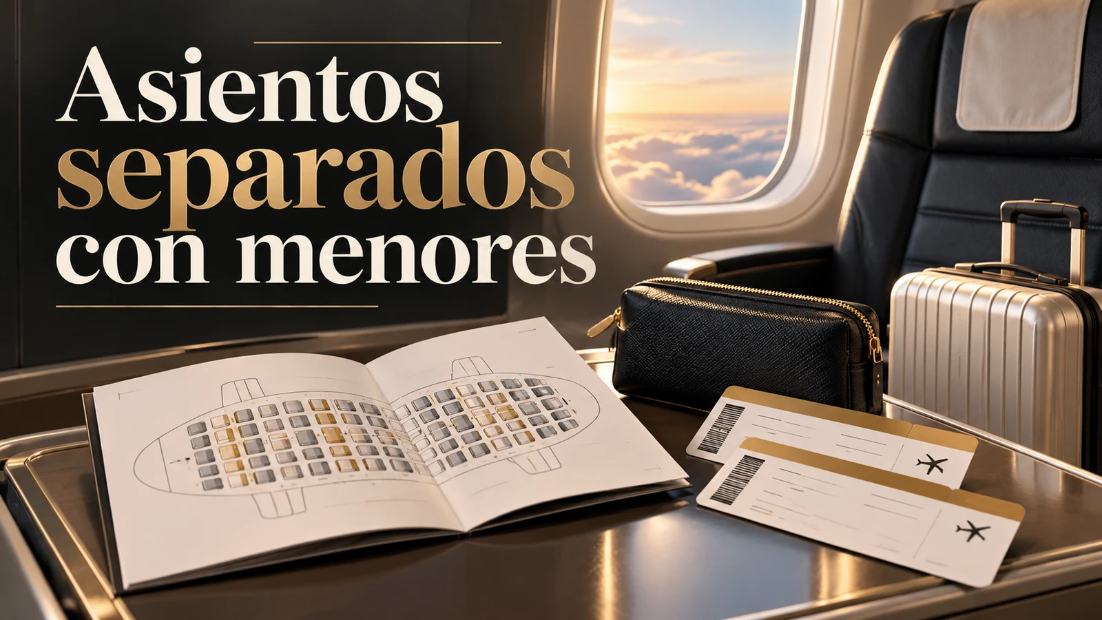 Portada editorial con el texto «Asientos separados con menores» y elementos del viaje, sin personas