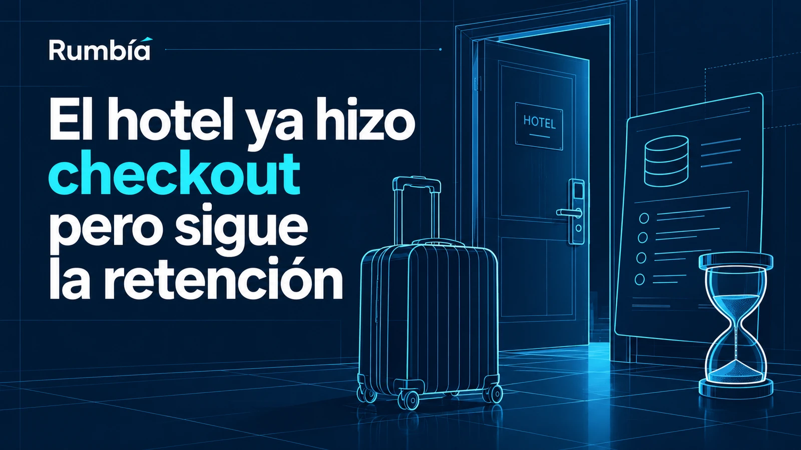 Portada editorial con el texto «El hotel ya hizo checkout pero sigue la retención» y elementos del viaje, sin personas