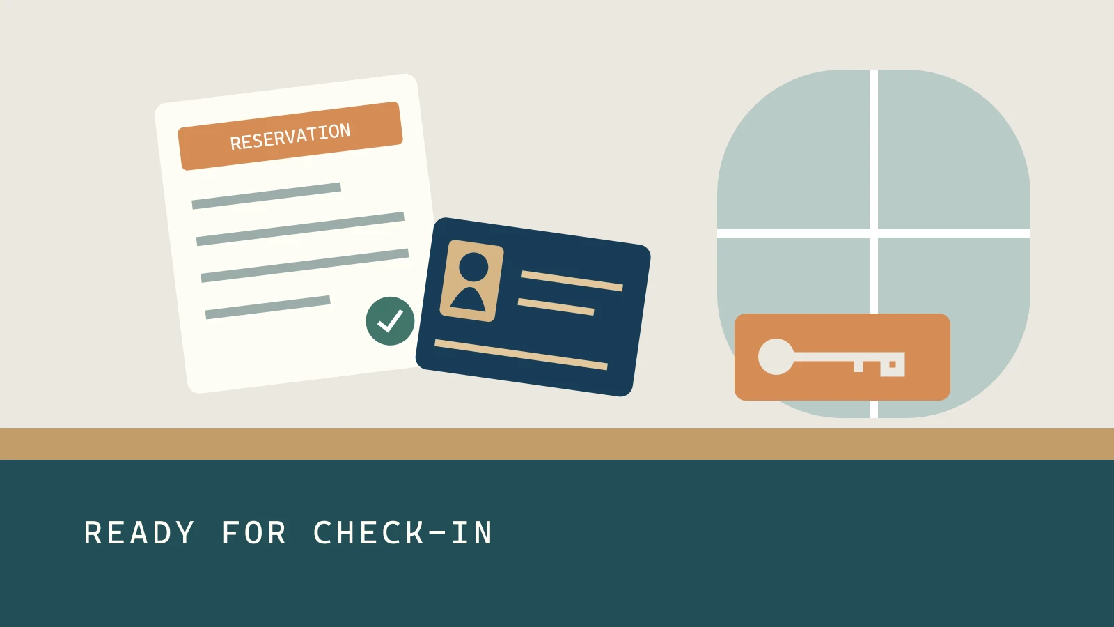 Illustrated hotel reception with a reservation card, identification document and room key