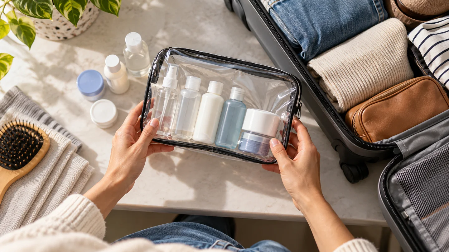 Small travel bottles beside a clear toiletry pouch and an open cabin suitcase