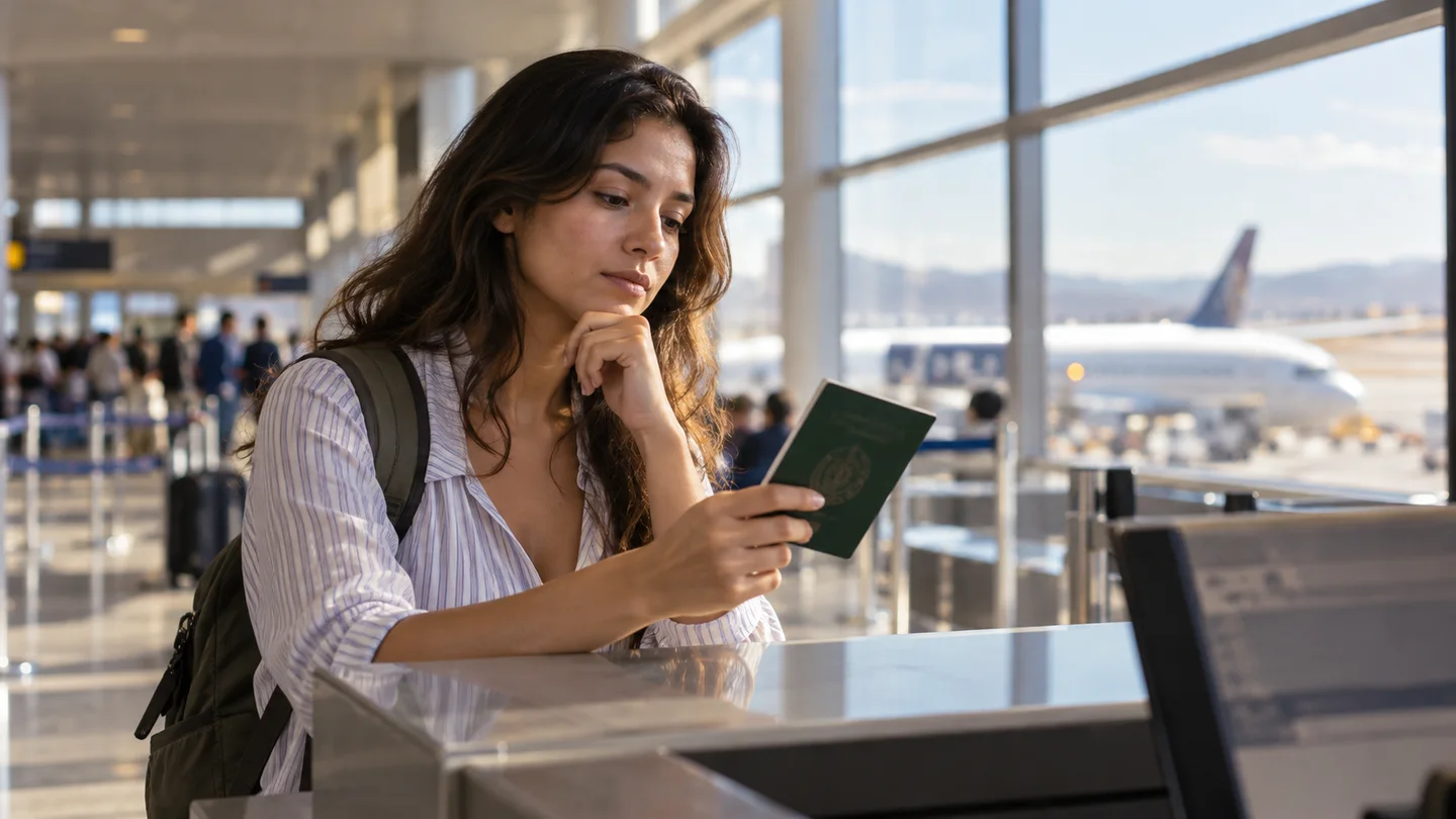 Una persona organiza su pasaporte y documentos de una cita sobre una mesa