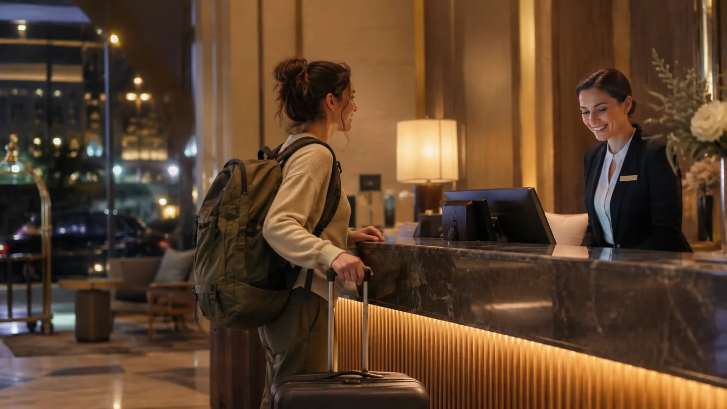 A traveler with a suitcase arrives at a softly lit hotel reception at night