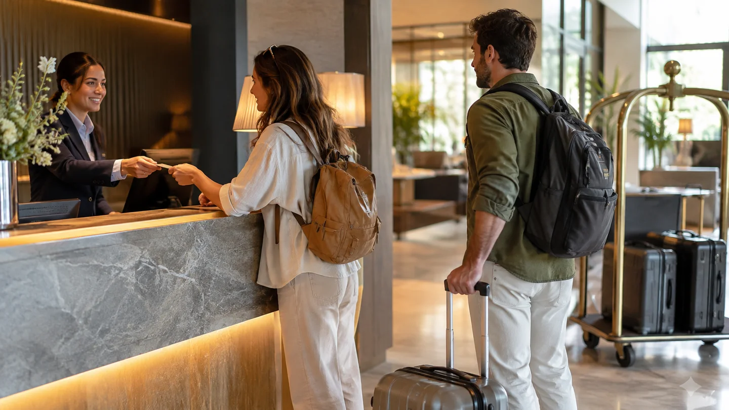 Travelers with suitcases discuss their departure at a hotel reception