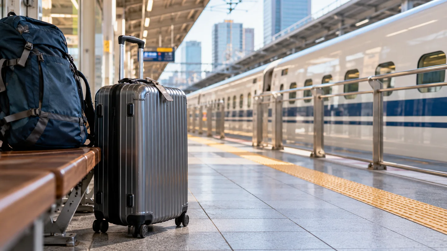 Luggage beside a train platform in Japan