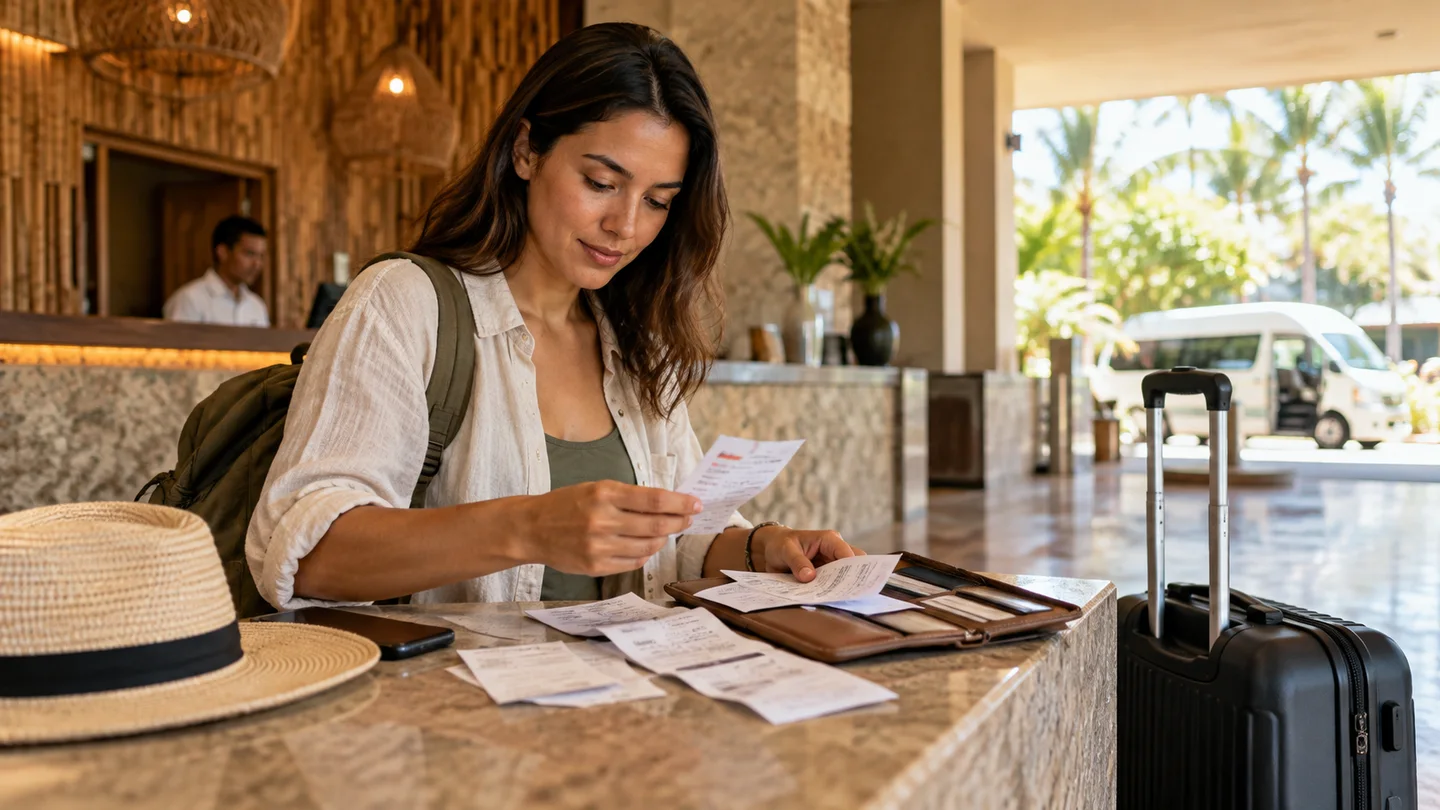 Hotel and transport receipts arranged beside a travel folder on a desk