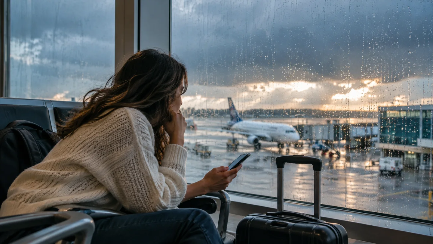 Una viajera organiza avisos y recibos mientras observa lluvia desde una terminal