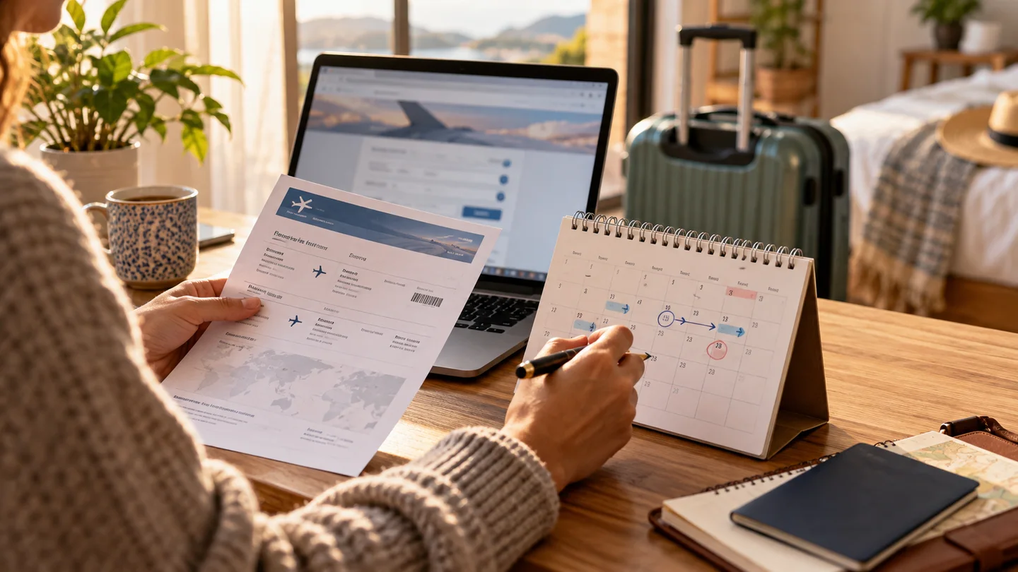 Una viajera revisa un itinerario y un calendario para cambiar su vuelo