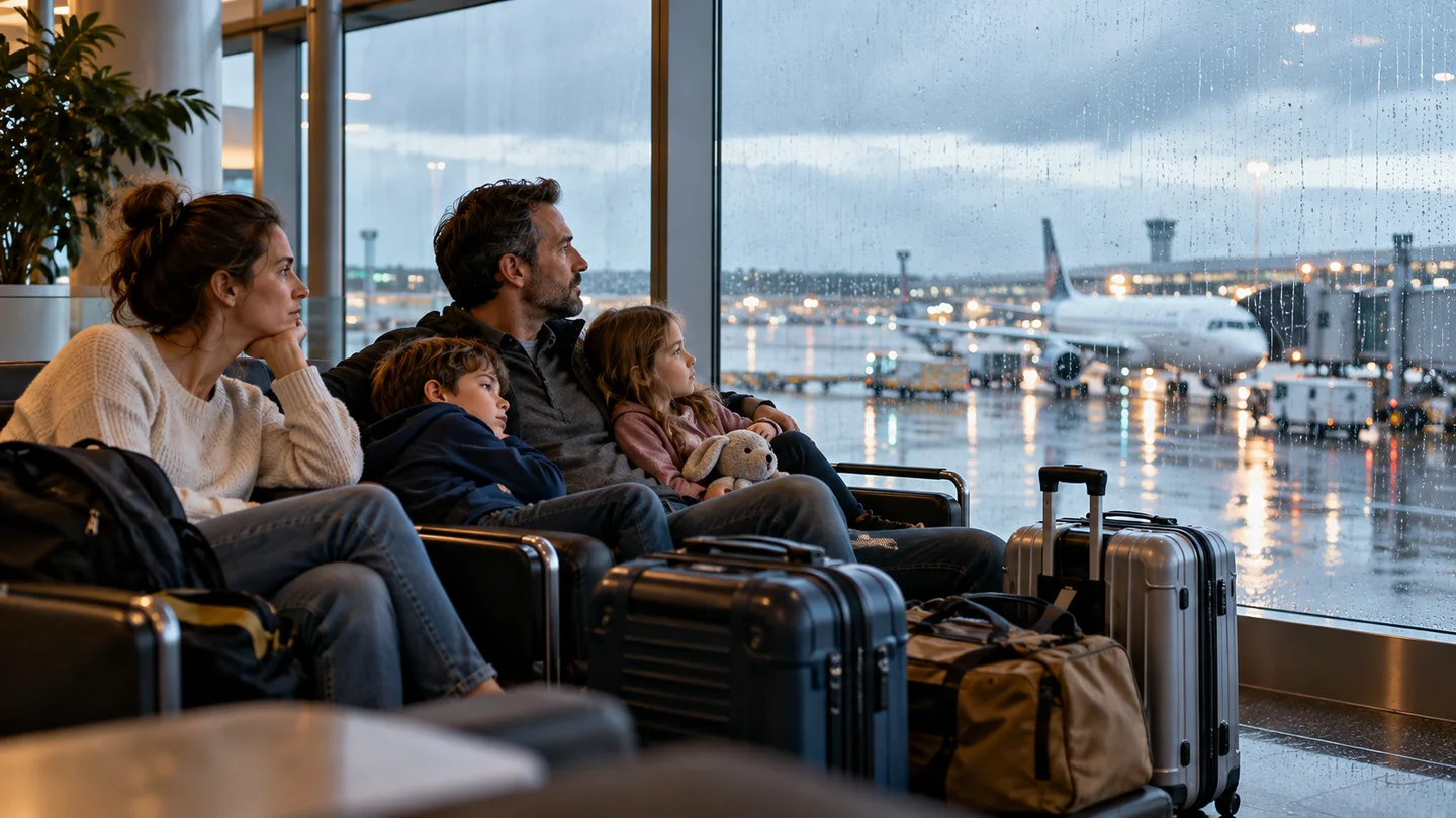 Familia espera durante una demora en el aeropuerto