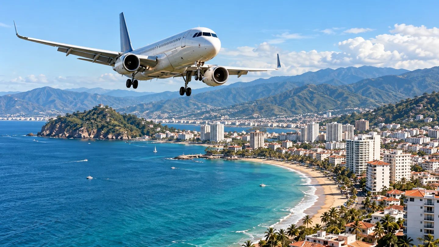 Avión sobre una ciudad costera mexicana