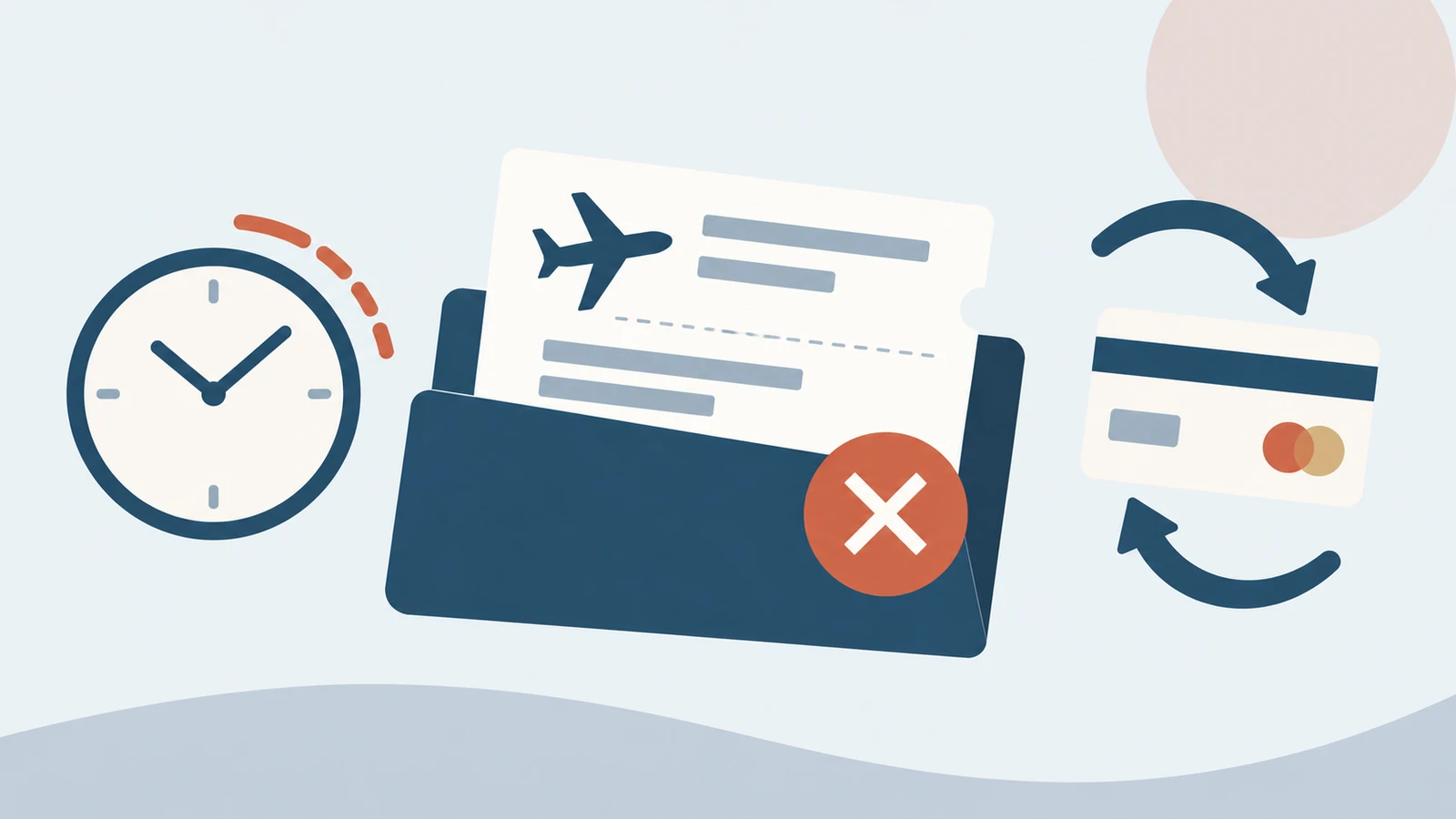 Ilustración de un itinerario cancelado dentro de una carpeta, un reloj y una tarjeta con flechas de reembolso, sin personas